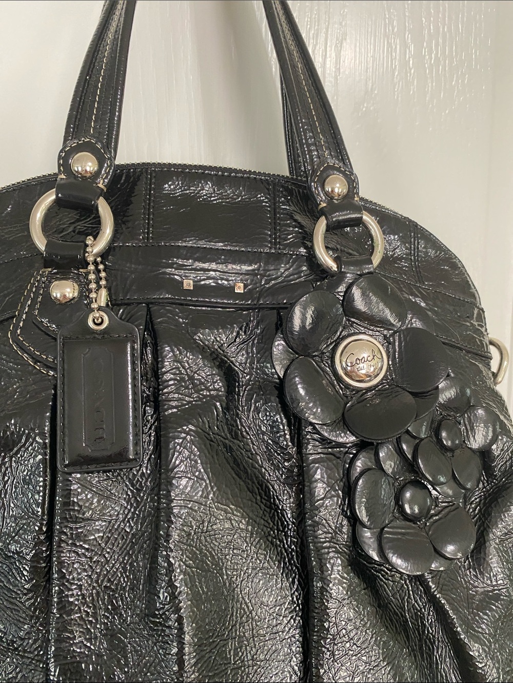 Coach Black Floral Appliqué Leather Satchel Shoulder Bag - Picture 3 of 16
